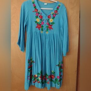 Riviera Sun, Blue embroidered cover up dress, Size M